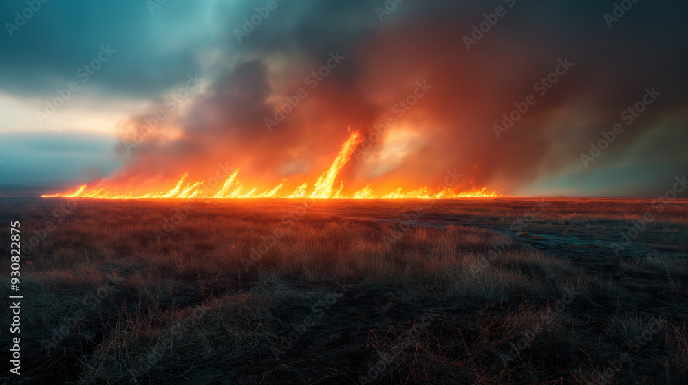Obraz premium A wildfire spreading across a field with intense flames and thick smoke, highlighting the destructive force of nature and environmental hazards.