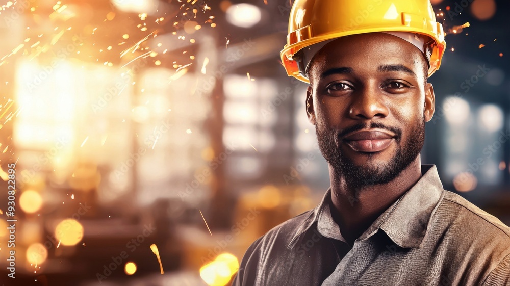 A man wearing a yellow hard hat is smiling for the camera A man wearing a yellow hard hat is smiling for the camera