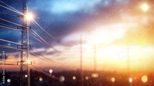 A power line tower is lit up at night