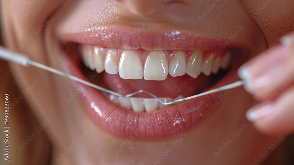 Fototapeta premium close up of teeth and dental floss