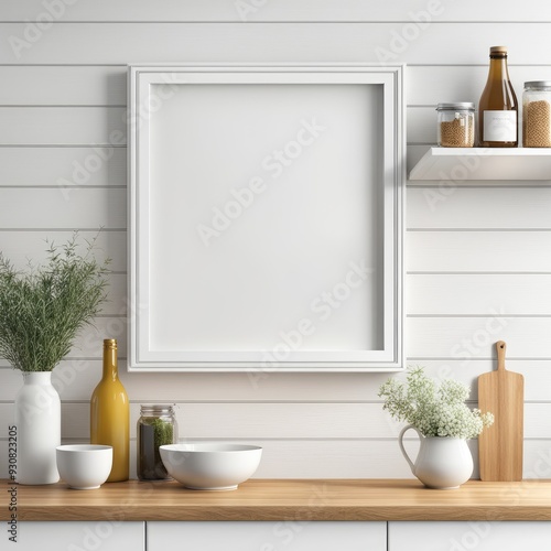 interior Artificial white frame in farmhouse kitchen, 3d rendered white frame mockup