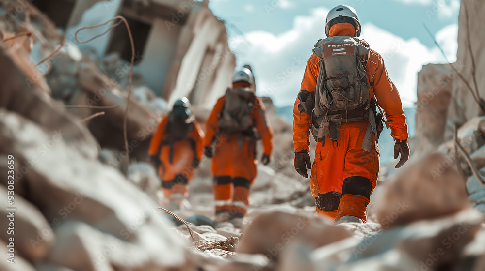 Rescue workers in bright orange uniforms walk through debris and rubble in a disaster-stricken area, showcasing the efforts of emergency response teams. Rescue workers in bright orange uniforms walk through debris and rubble in a disaster-stricken area, showcasing the efforts of emergency response teams.