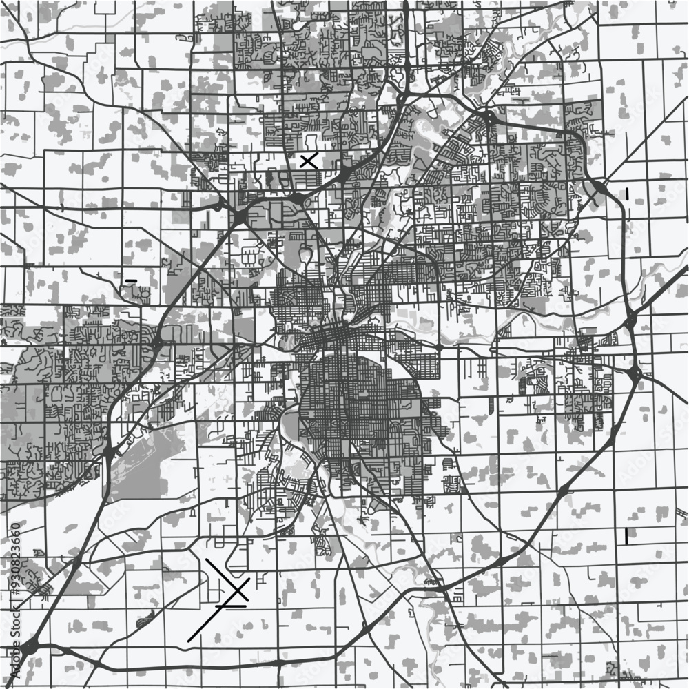 Fototapeta premium Map of Fort Wayne in Indiana in grayscale. Contains layered vector with roads water, parks, etc.