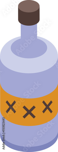 Glass bottle containing strong alcohol, with a label featuring three black xs, is depicted in an isometric illustration