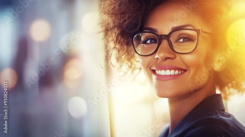 A woman with curly hair and glasses is smiling