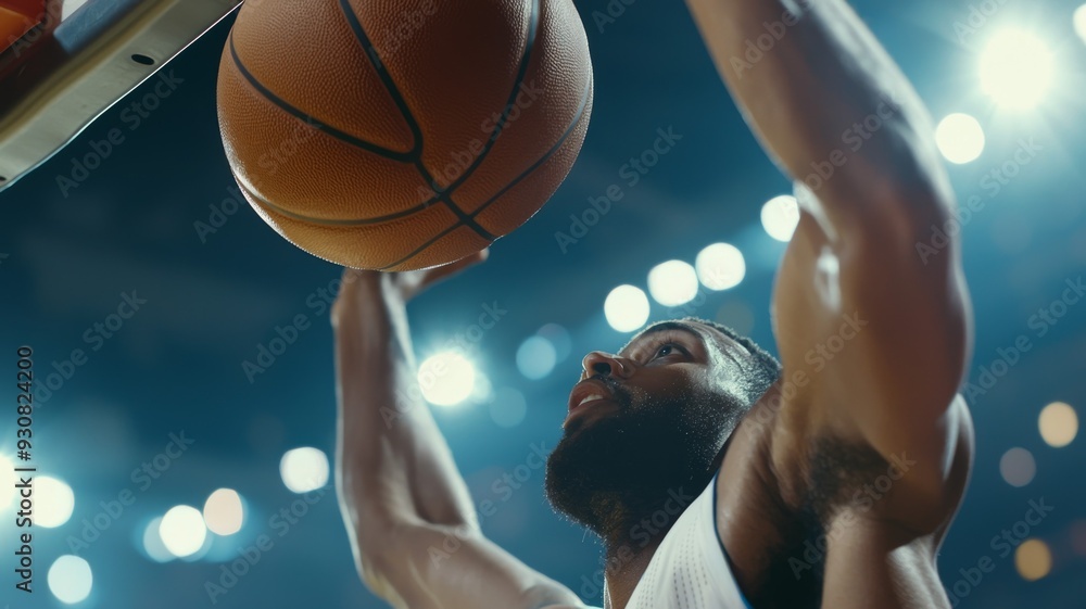 A basketball player is in mid-air, attempting to shoot the ball into the hoop A basketball player is in mid-air, attempting to shoot the ball into the hoop