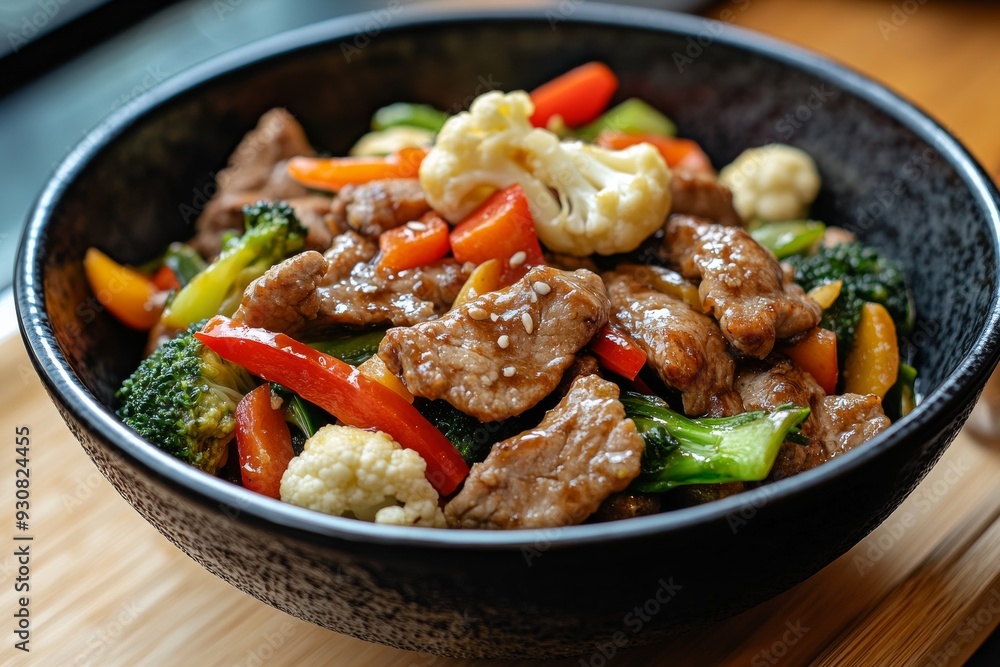 Chinese stir fry pork with broccoli, bok choy, carrots, peppers, cauliflower, in black bowl Chinese stir fry pork with broccoli, bok choy, carrots, peppers, cauliflower, in black bowl