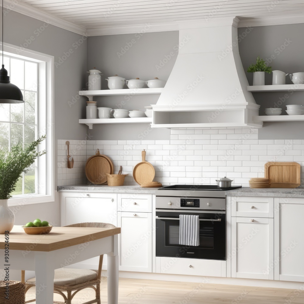 Fototapeta premium interior Artificial white frame in farmhouse kitchen, 3d rendered white frame mockup