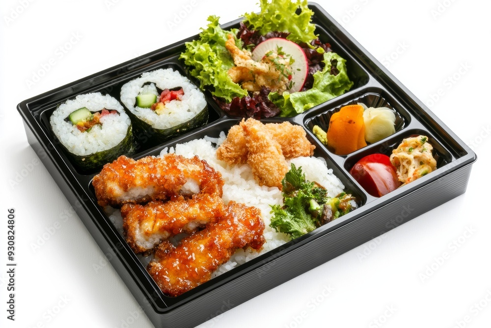 Japanese Combination Bento Box with Cutlet, Sushi, Gyoza, Salad & Steamed Rice, a cup of ocha, isolated on white background Japanese Combination Bento Box with Cutlet, Sushi, Gyoza, Salad & Steamed Rice, a cup of ocha, isolated on white background