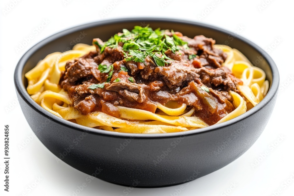 Pasta fettuccine with beef ragout sauce in black bowl, Isolated on White Background Pasta fettuccine with beef ragout sauce in black bowl, Isolated on White Background