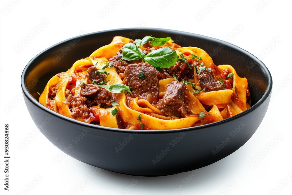 Pasta fettuccine with beef ragout sauce in black bowl, Isolated on White Background Pasta fettuccine with beef ragout sauce in black bowl, Isolated on White Background