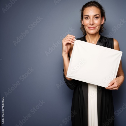 a light-skinned woman with dark hair tied back, standing against a solid, muted blue-gray background. She is smiling softly, holding a blank white envelope with both hands at chest level. photo