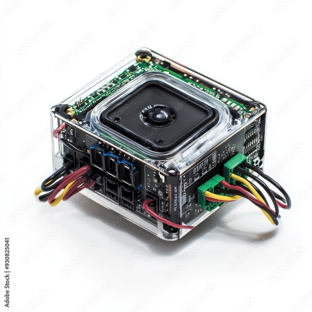 Close-up of a Transparent Electronic Component with Wires and Circuit Board Close-up of a Transparent Electronic Component with Wires and Circuit Board