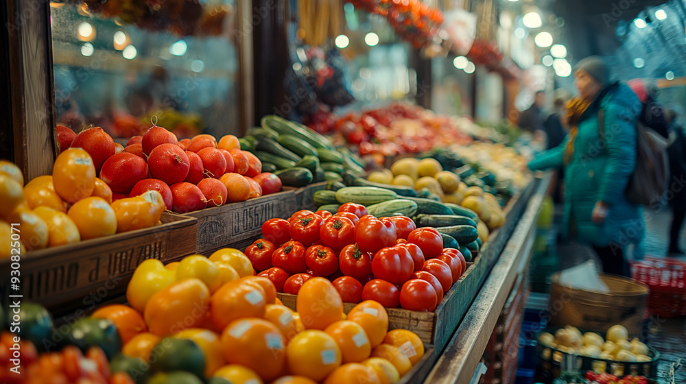 Obraz premium A vibrant and colorful display of fresh vegetables at an outdoor market stall, showcasing tomatoes, peppers, cucumbers, and more, inviting a healthy and natural lifestyle.