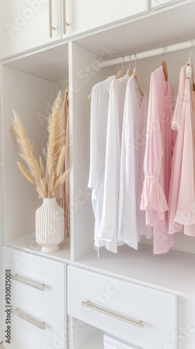 Modern wardrobe closet with stylish clothes and white decor