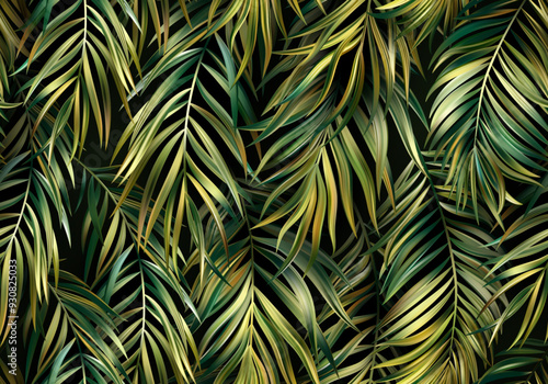 Gold Green Tropical Foliage Seamless Pattern Background. Vector Illustration