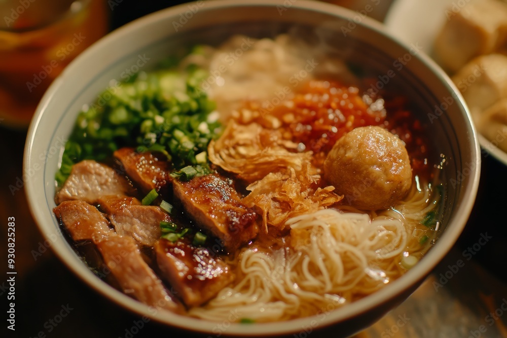 Rice vermicelli noodle and meatball Braised pork and tofu pork in the bowl Rice vermicelli noodle and meatball Braised pork and tofu pork in the bowl