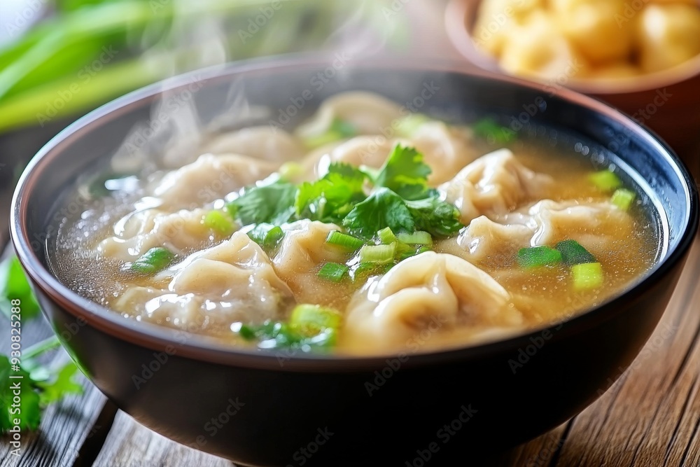 pork wonton soup or pork dumplings soup with vegetable, Isolated on White Background pork wonton soup or pork dumplings soup with vegetable, Isolated on White Background