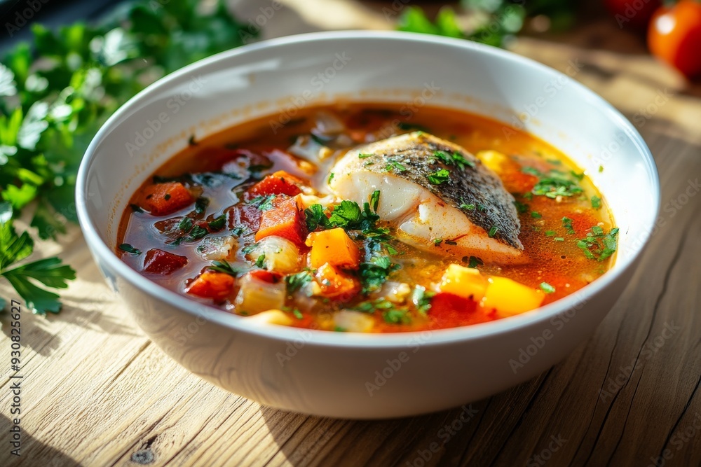 Thick hearty Soup with carp steak, vegetables and paprika, in white bowl Thick hearty Soup with carp steak, vegetables and paprika, in white bowl