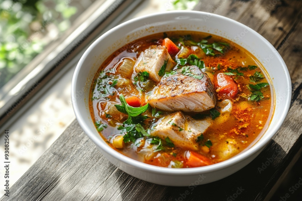 Thick hearty Soup with carp steak, vegetables and paprika, in white bowl Thick hearty Soup with carp steak, vegetables and paprika, in white bowl