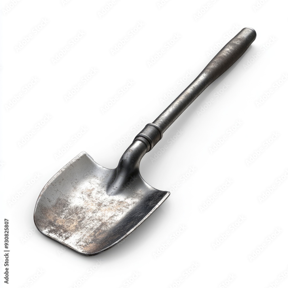 Close-Up of a Weathered Metal Shovel with a White Background Close-Up of a Weathered Metal Shovel with a White Background