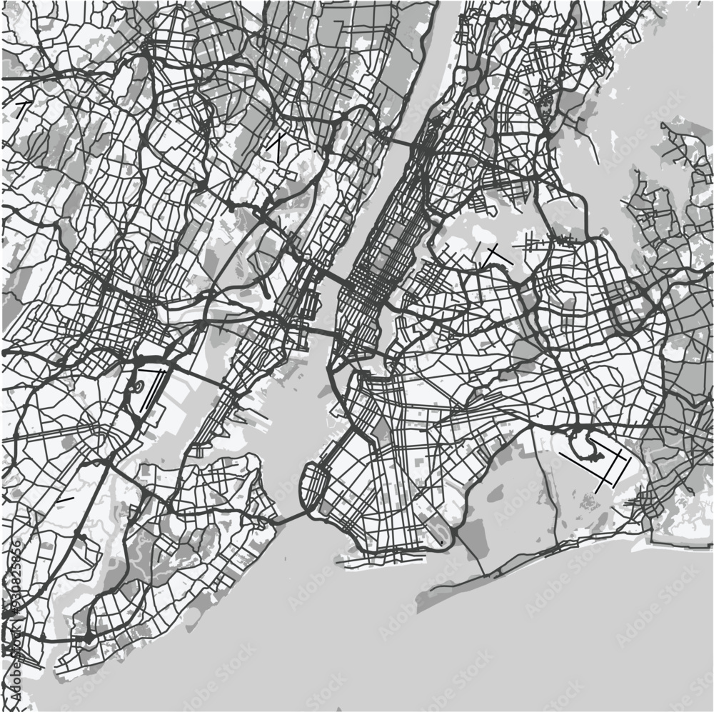 Fototapeta premium Map of New York in New York in grayscale. Contains layered vector with roads water, parks, etc.