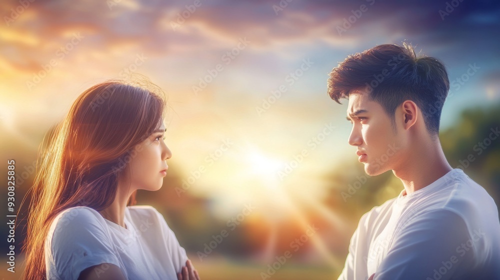 A couple is standing in a field with the sun shining on them A couple is standing in a field with the sun shining on them