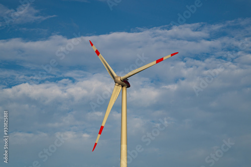 Wind turbines Generating Electricity. Wind power technology. Wind generator power. Green electricity. Alternative energy.