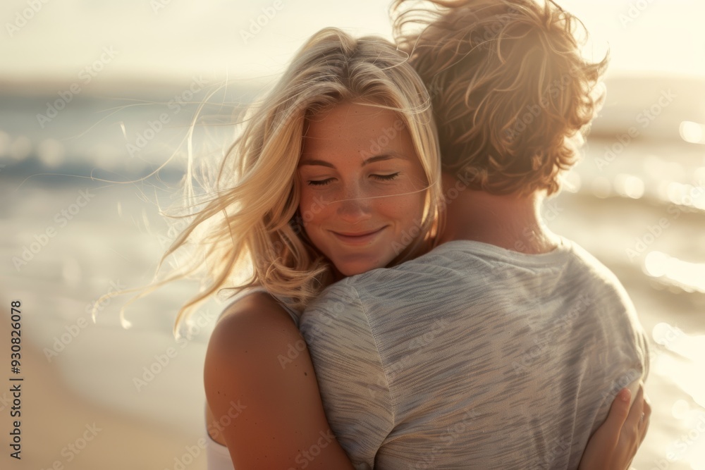 A joyful, free, and peaceful couple hug on a Florida beach during summer vacations. Relax and smile as a passionate woman hugs her calm youthful spouse at sea on vacation. A joyful, free, and peaceful couple hug on a Florida beach during summer vacations. Relax and smile as a passionate woman hugs her calm youthful spouse at sea on vacation.