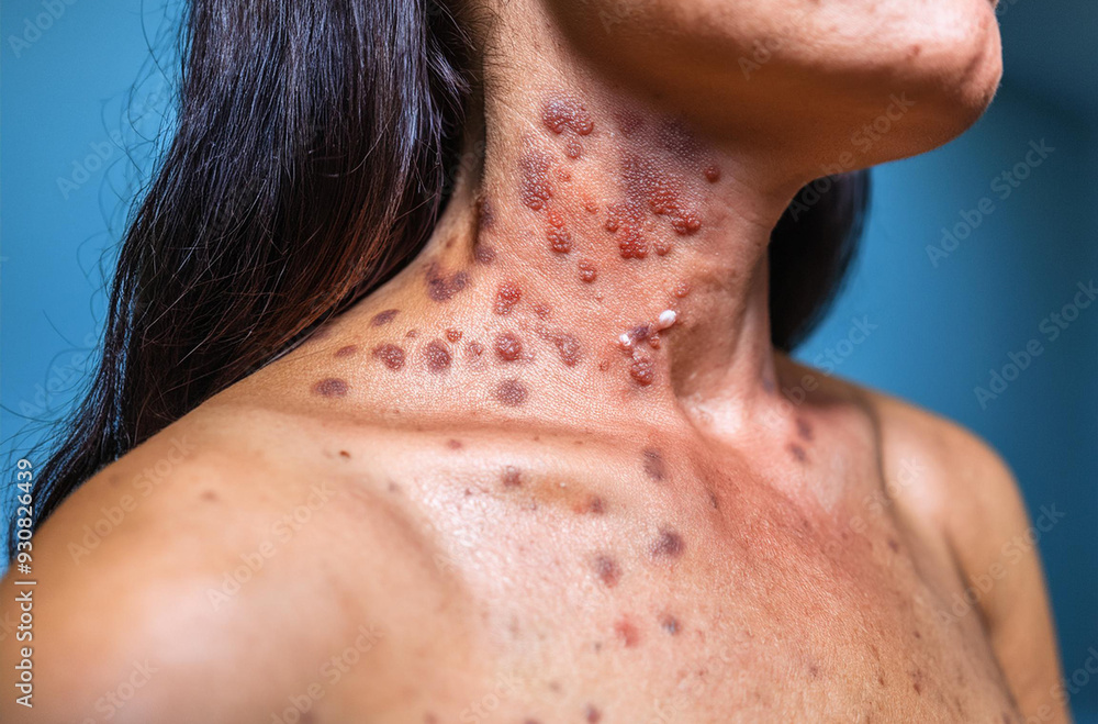 Monkeypox Virus on the skin, Microscopic View of the Monkeypox Virus. Close-Up Image of the Monkeypox Virus Structure, Skin Manifestation of Monkeypox, Dermatological viruses Monkeypox Virus on the skin, Microscopic View of the Monkeypox Virus. Close-Up Image of the Monkeypox Virus Structure, Skin Manifestation of Monkeypox, Dermatological viruses