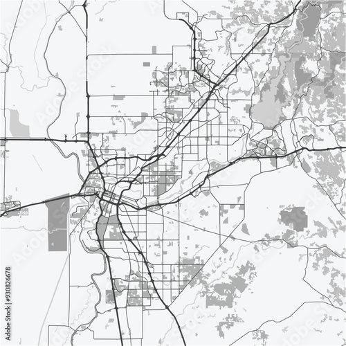 Map of Sacramento in California in grayscale. Contains layered vector with roads water, parks, etc.