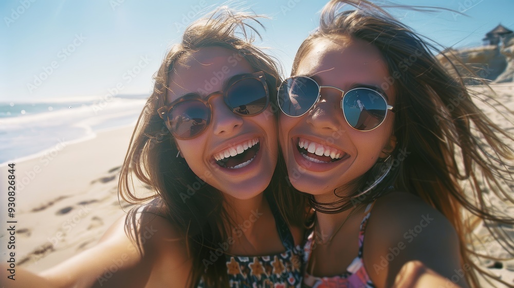 Beach, selfie, and photo of woman on vacation, cheerful and smiling on mockup background. Miami travel, face, and freedom by friends embrace for photo, profile, or social media post. Beach, selfie, and photo of woman on vacation, cheerful and smiling on mockup background. Miami travel, face, and freedom by friends embrace for photo, profile, or social media post.