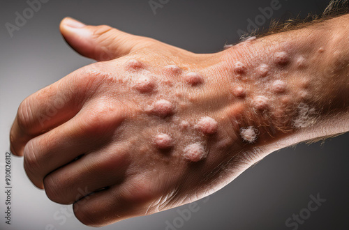 Monkeypox Virus on the skin, Microscopic View of the Monkeypox Virus. Close-Up Image of the Monkeypox Virus Structure, Skin Manifestation of Monkeypox, Dermatological viruses 