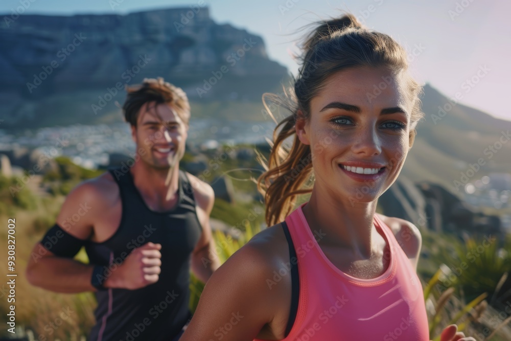 Running for fitness, exercise, or wellbeing on a mountain trail with friends or a partner. Health, sport, or happy marathon, nature, or sports runner man and woman Running for fitness, exercise, or wellbeing on a mountain trail with friends or a partner. Health, sport, or happy marathon, nature, or sports runner man and woman
