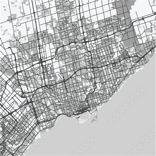 Map of Toronto in Canada in grayscale. Contains layered vector with roads water, parks, etc.