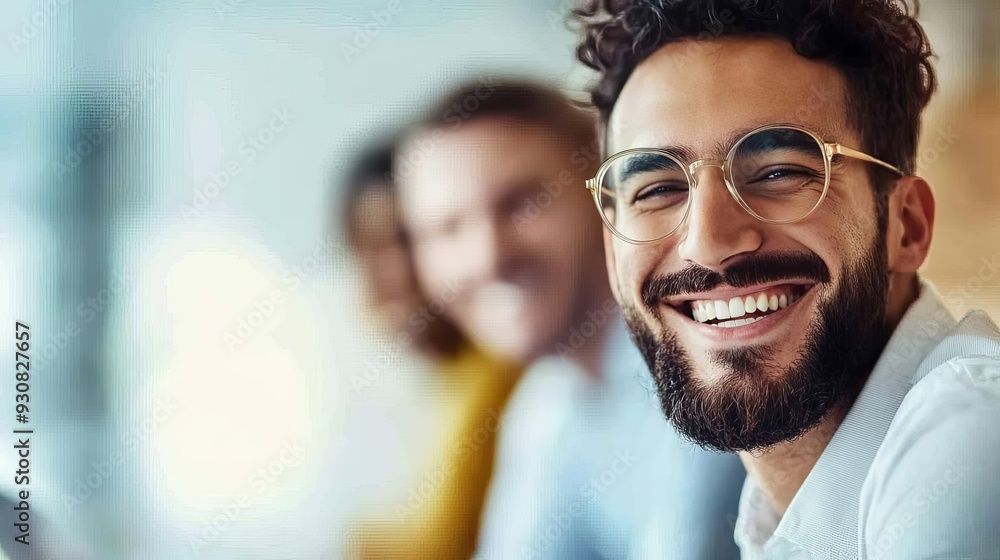 Colleagues smiling as they review successful quarterly results, happy business success, joyful reflection on achievements Colleagues smiling as they review successful quarterly results, happy business success, joyful reflection on achievements