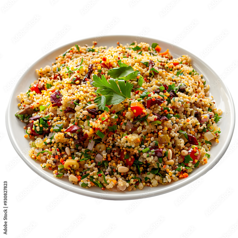 Lively and colorful saudi arabian couscous salad with a mix of fresh herbs, veggies, and spices, elegantly displayed on a clean white dish Lively and colorful saudi arabian couscous salad with a mix of fresh herbs, veggies, and spices, elegantly displayed on a clean white dish