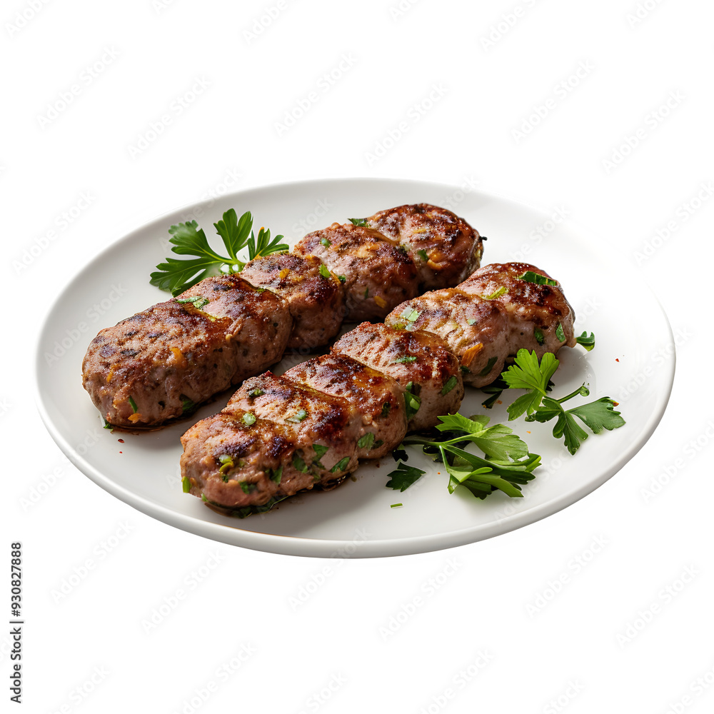 Close-up of delicious grilled kofta kebabs served on a white plate, garnished with fresh parsley, showcasing traditional saudi arabian cuisine