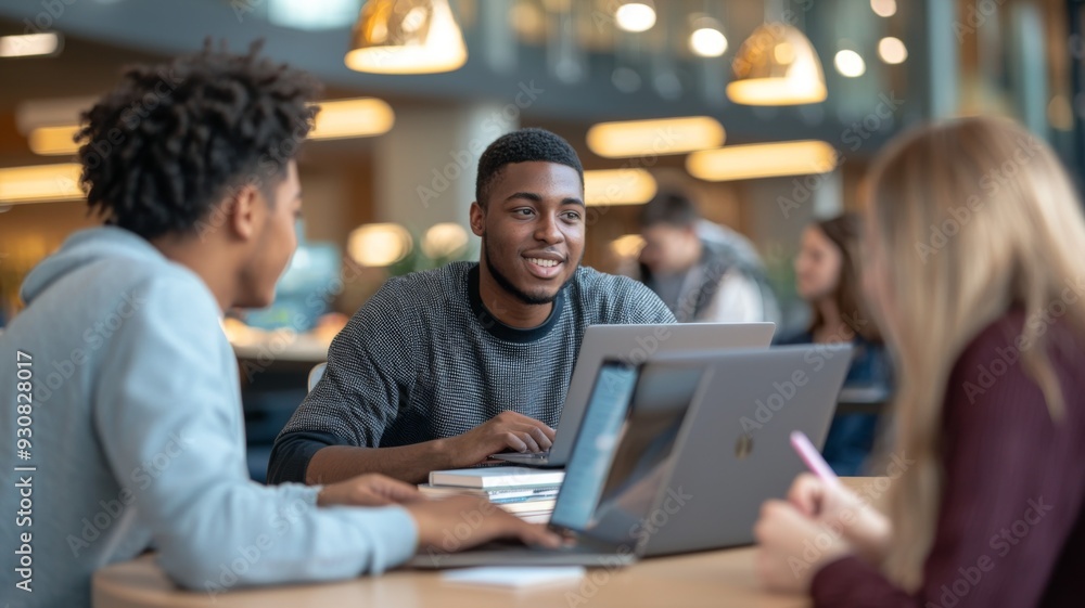 Three people are sitting at a table with laptops open, working together Three people are sitting at a table with laptops open, working together