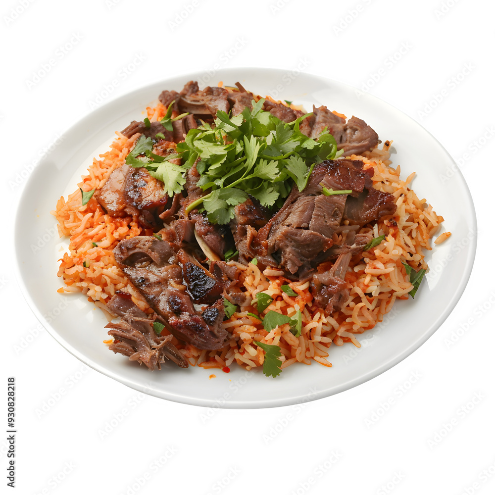 Tasty classic saudi arabian meal with juicy lamb chunks on a bed of flavorful rice, topped with fresh herbs on a clean white plate Tasty classic saudi arabian meal with juicy lamb chunks on a bed of flavorful rice, topped with fresh herbs on a clean white plate