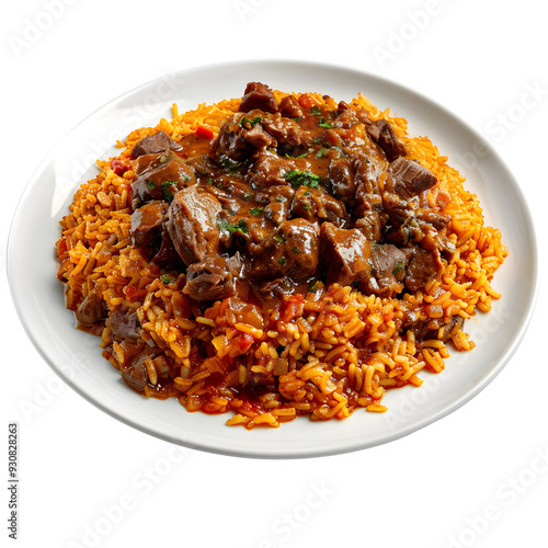 Tasty plate of classic saudi arabian kabsa rice with juicy, seasoned meat, sprinkled with fresh herbs on a clean white dish photo