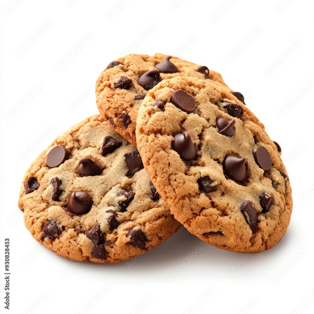 Closeup of Three Chocolate Chip Cookies on White Background Closeup of Three Chocolate Chip Cookies on White Background