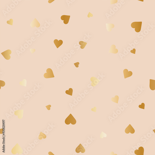 Seamless vector pattern tossed gold heart shapes on beige, great for wrapping paper, packaging, fabric