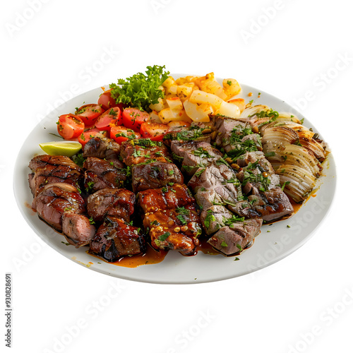 Delicious platter of grilled meat from saudi arabia, with juicy meat slices, crisp veggies, and golden potatoes beautifully presented on a white dish