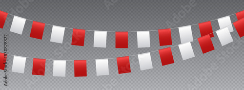 Bunting flags, carnival party flags, white and red festive pennants hanging on a rope. Festival vector decoration.