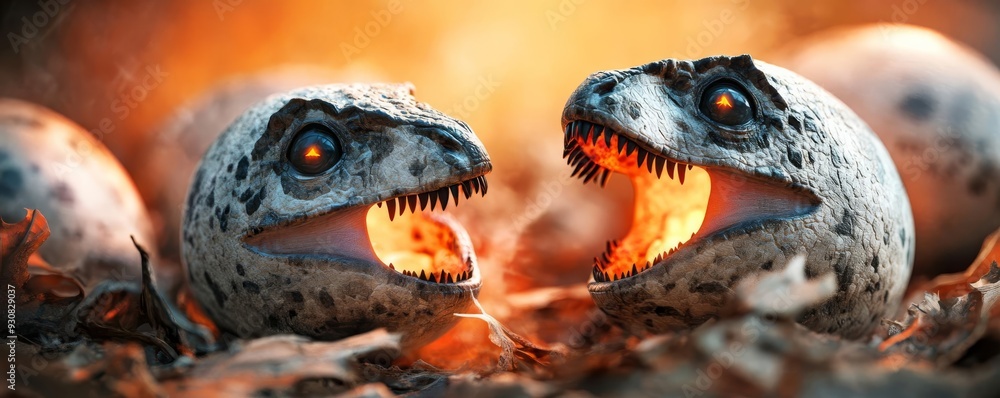 Fototapeta premium Spooky dinosaur eggs hatching, eerie atmosphere, 3D illustration