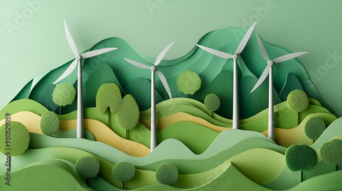 Paper art of Sustainability in green ecology city, alternative energy and ecology Environment and wind turbine made of cut paper symbols Paper cut background with windmills, Generative AI

