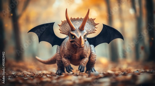 Halloween dinosaur, Triceratops with bat wings, haunted forest, 3D illustration