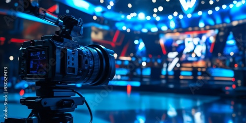 A highquality video camera captures the thrilling energy of a bustling TV studio, enhanced by colorful lights and elegant design, creating an unforgettable visual experience for all