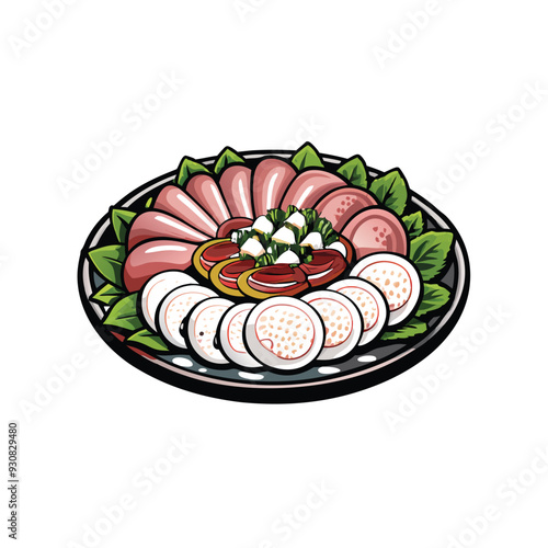 Vector illustration of a plate of sashimi featuring thin slices of raw fish, garnished with fresh herbs and vegetables.